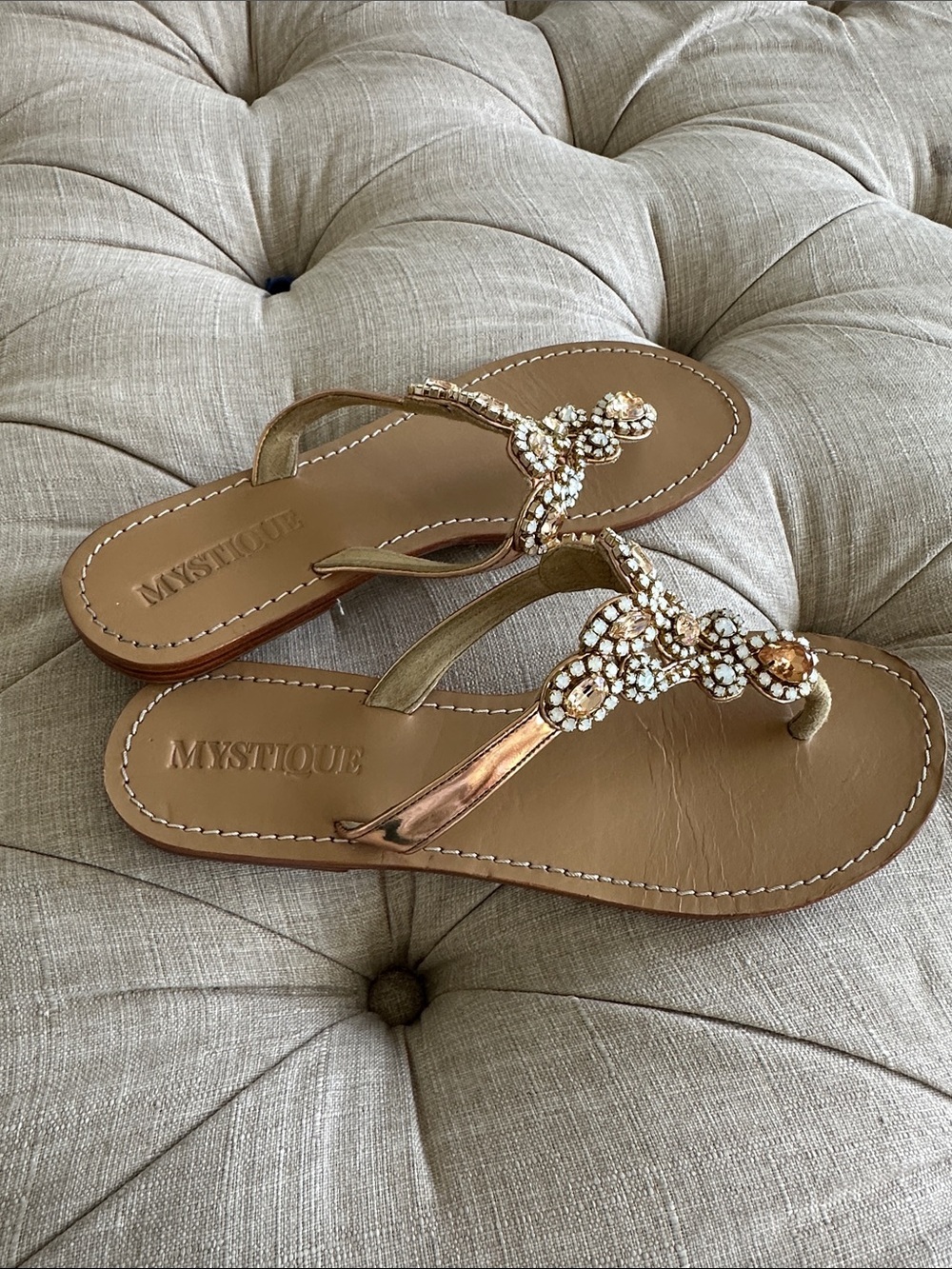 Mystique Tan Jeweled Thong Sandals - Picture 2 of 9